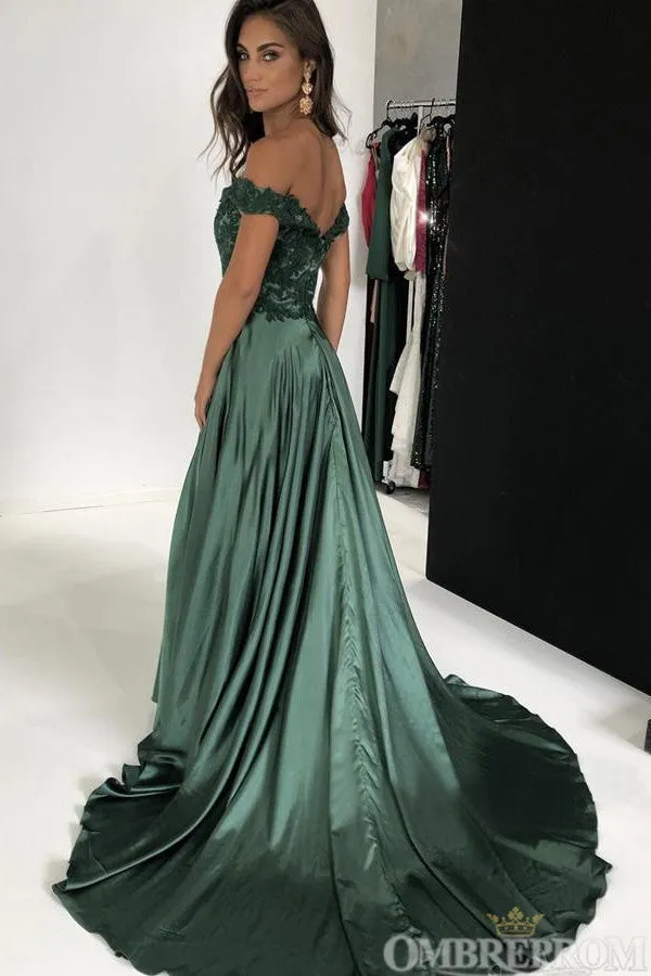 Simple Off Shoulder Satin A Line Lace Top Long Prom Dresses