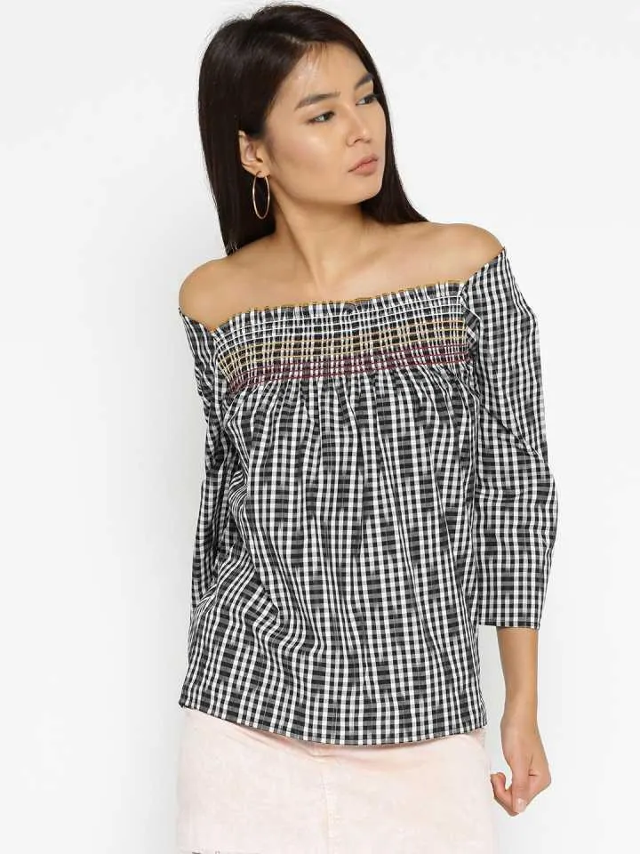 Style Quotient Women Black Off-Shoulder Checkered Fashion Tops