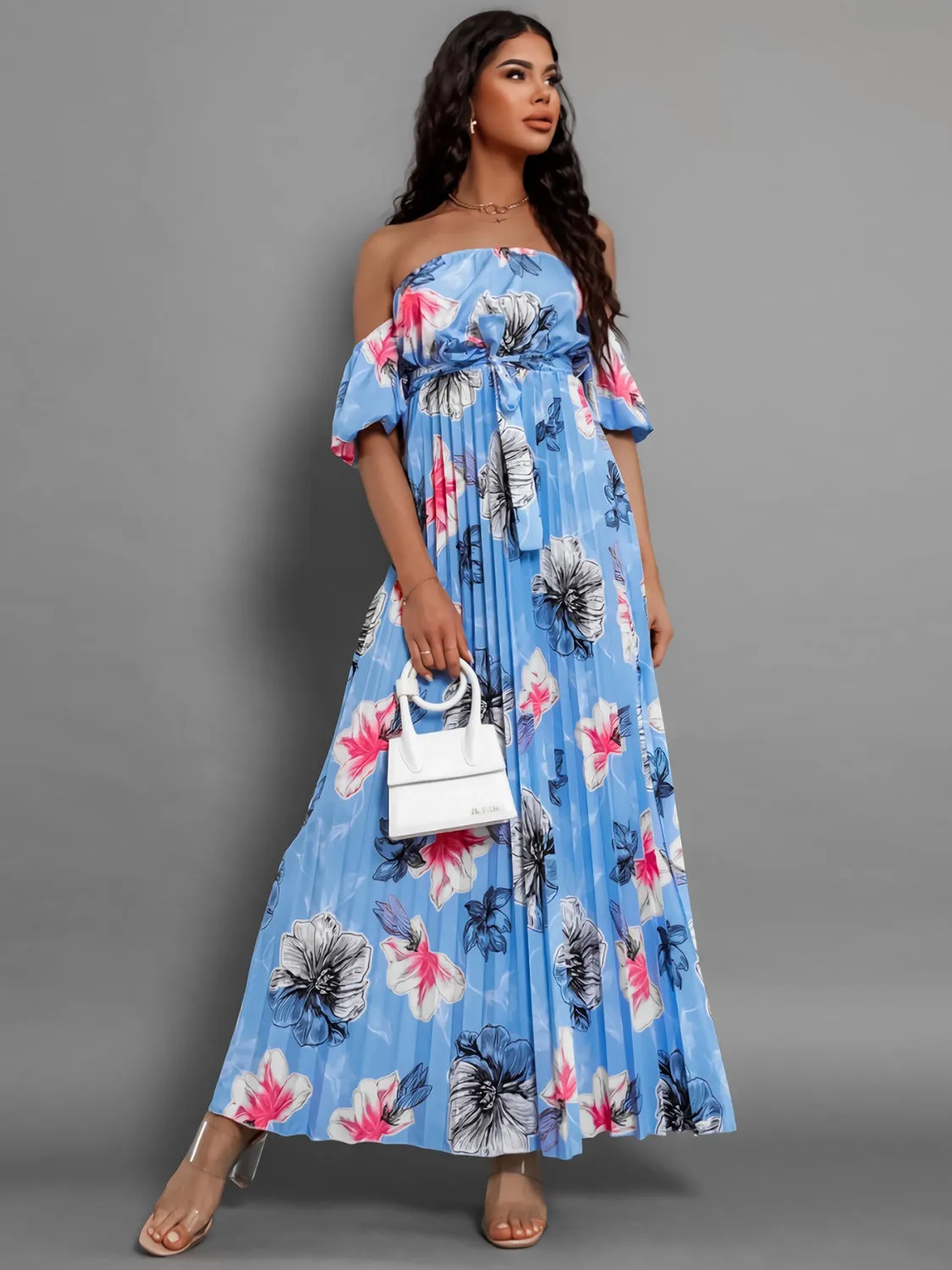 Sunset Vacation Pleated Floral Off-Shoulder Short Sleeve Midi Dress