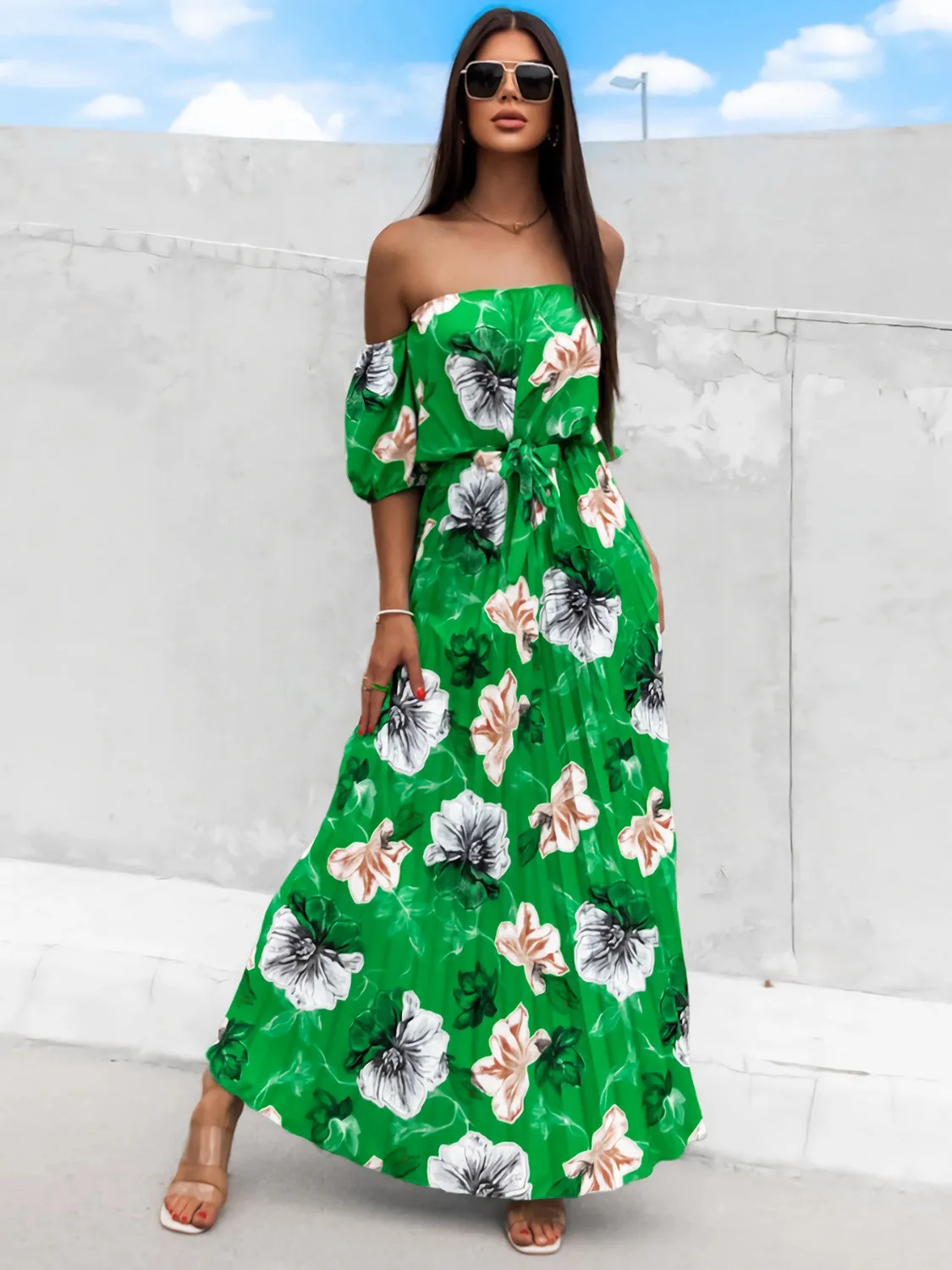 Sunset Vacation Pleated Floral Off-Shoulder Short Sleeve Midi Dress