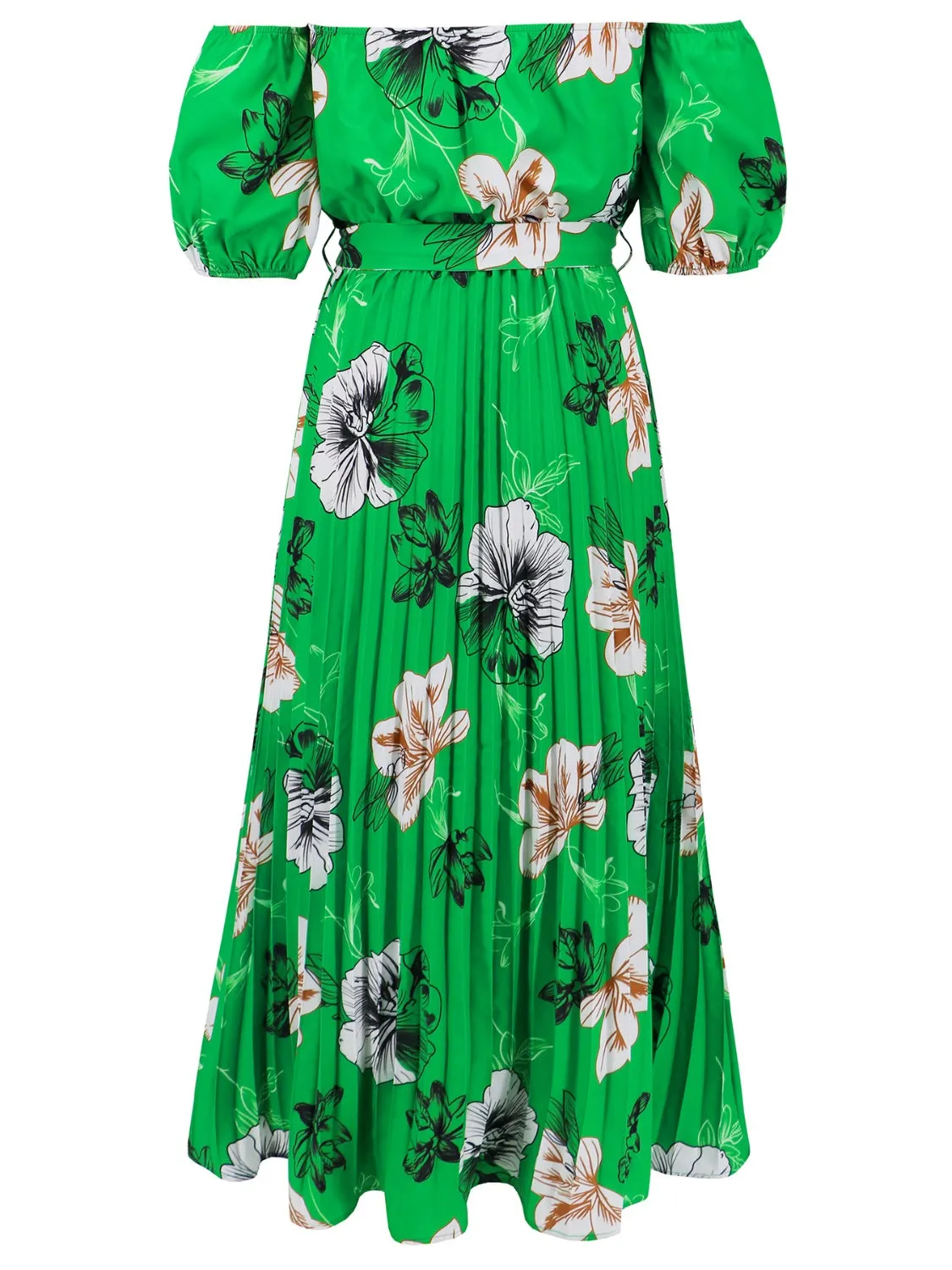 Sunset Vacation Pleated Floral Off-Shoulder Short Sleeve Midi Dress