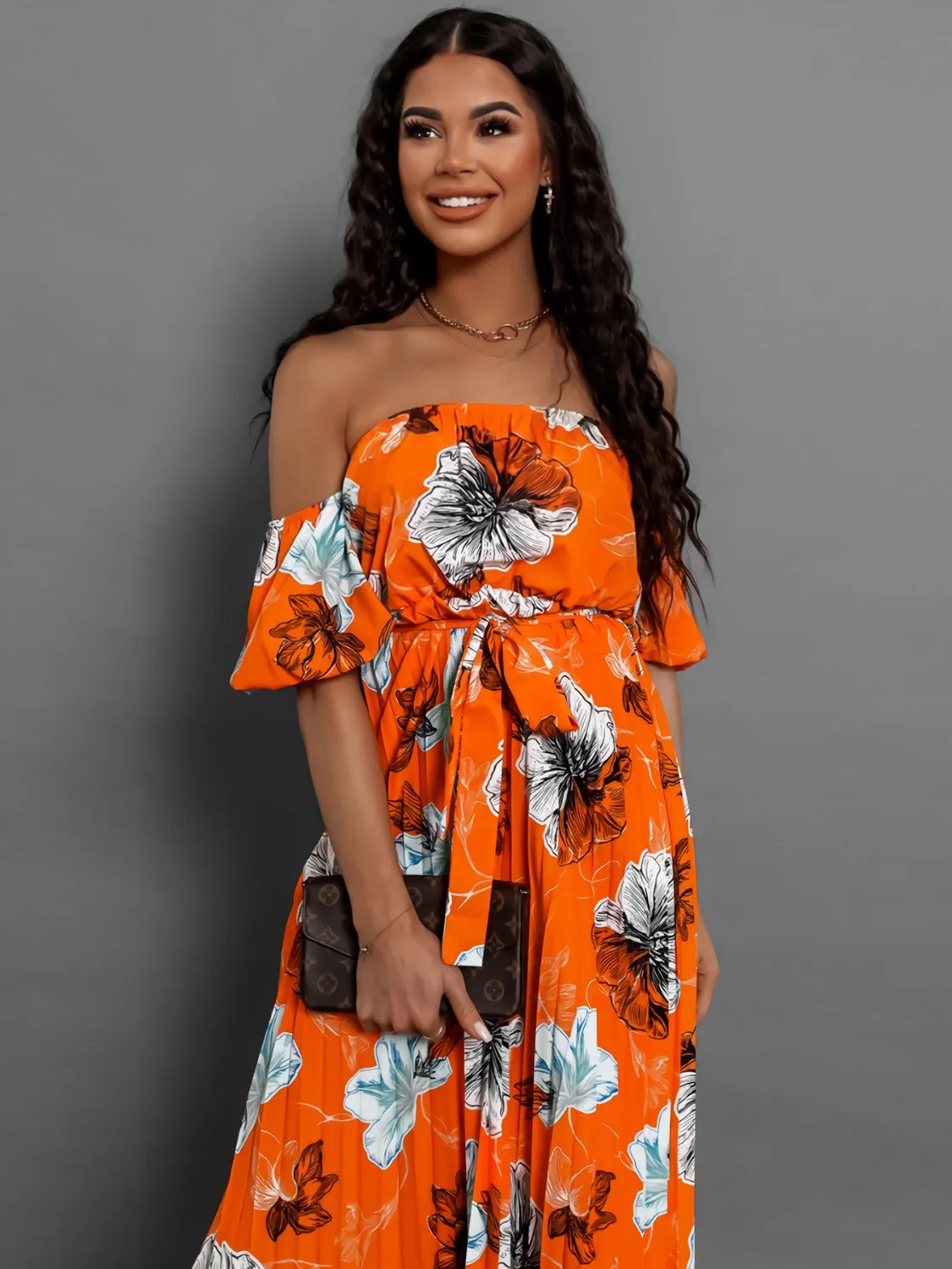 Sunset Vacation Pleated Floral Off-Shoulder Short Sleeve Midi Dress