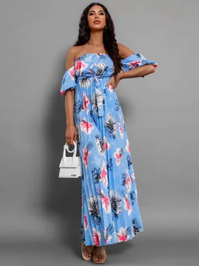 Sunset Vacation Pleated Floral Off-Shoulder Short Sleeve Midi Dress