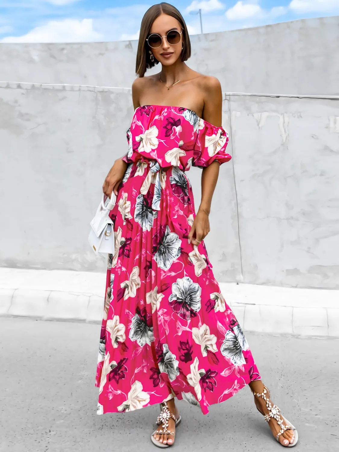 Sunset Vacation Pleated Floral Off-Shoulder Short Sleeve Midi Dress