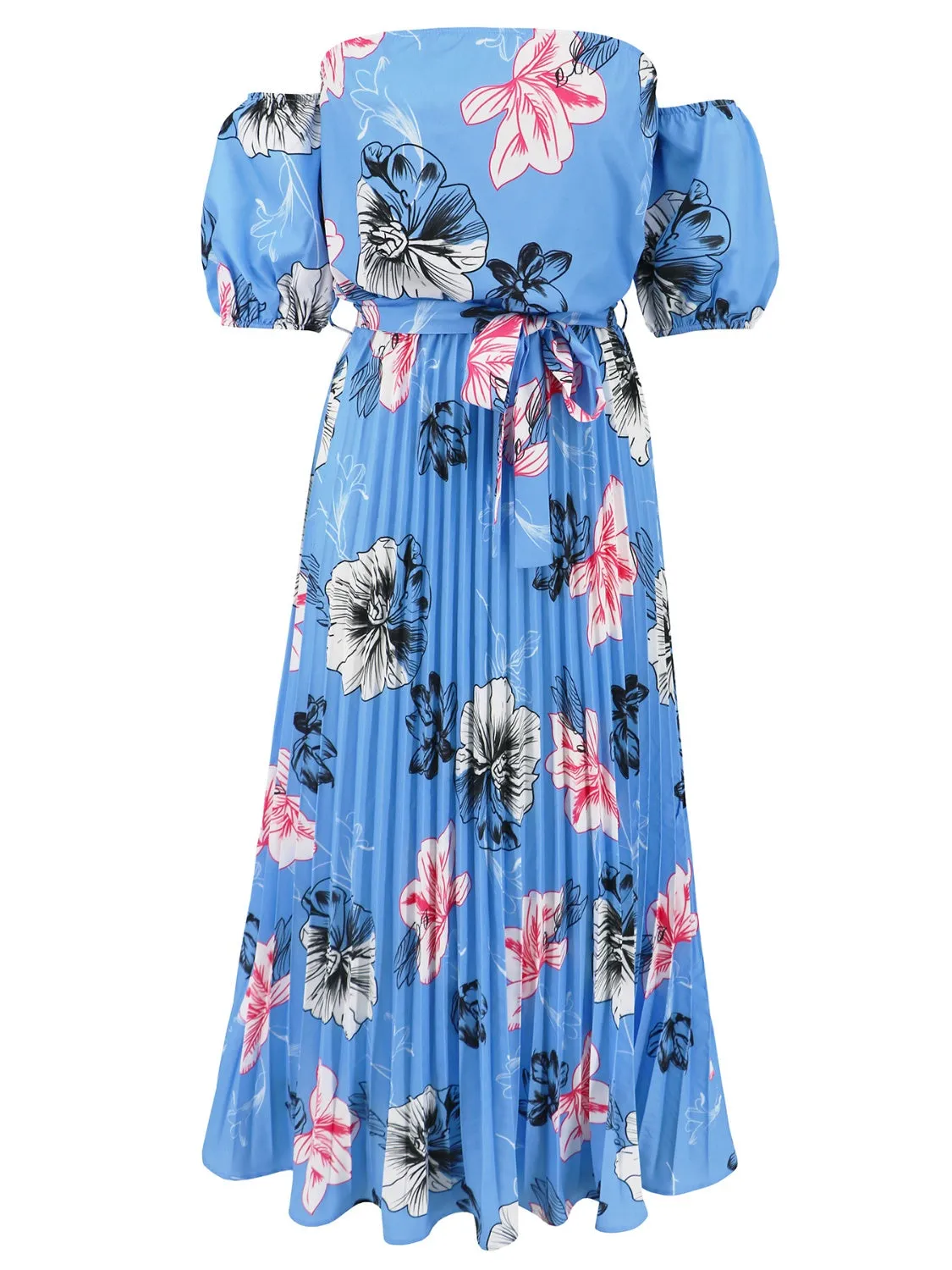 Sunset Vacation Pleated Floral Off-Shoulder Short Sleeve Midi Dress