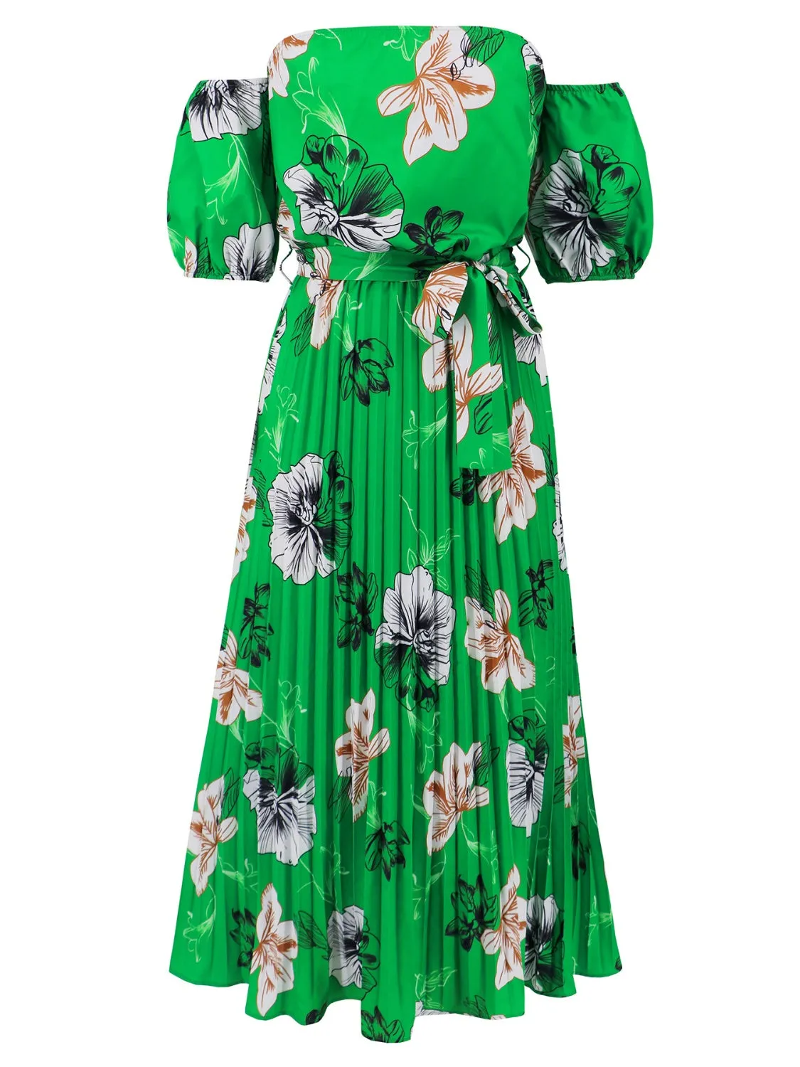 Sunset Vacation Pleated Floral Off-Shoulder Short Sleeve Midi Dress