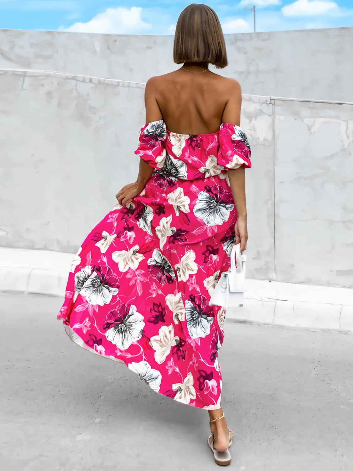 Sunset Vacation Pleated Floral Off-Shoulder Short Sleeve Midi Dress