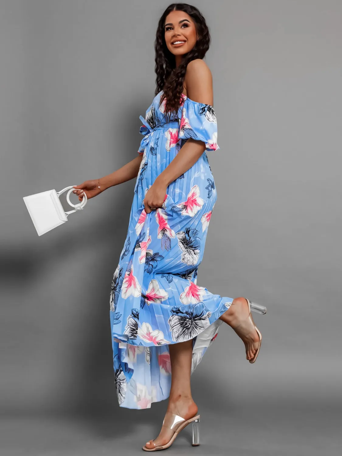 Sunset Vacation Pleated Floral Off-Shoulder Short Sleeve Midi Dress