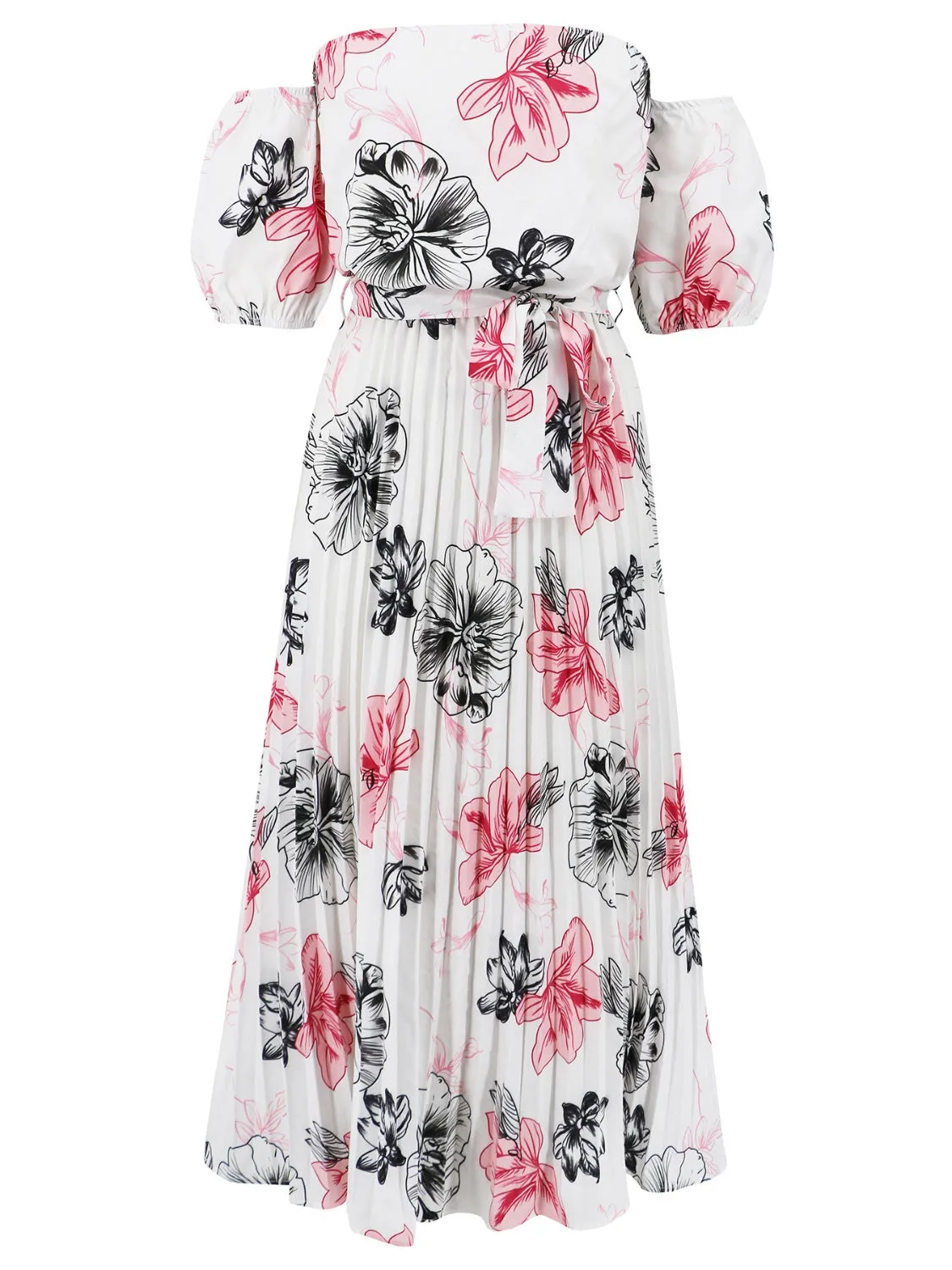 Sunset Vacation Pleated Floral Off-Shoulder Short Sleeve Midi Dress