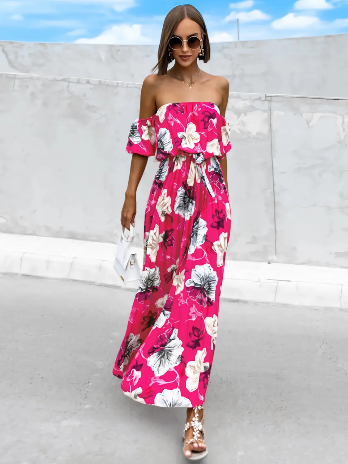 Sunset Vacation Pleated Floral Off-Shoulder Short Sleeve Midi Dress