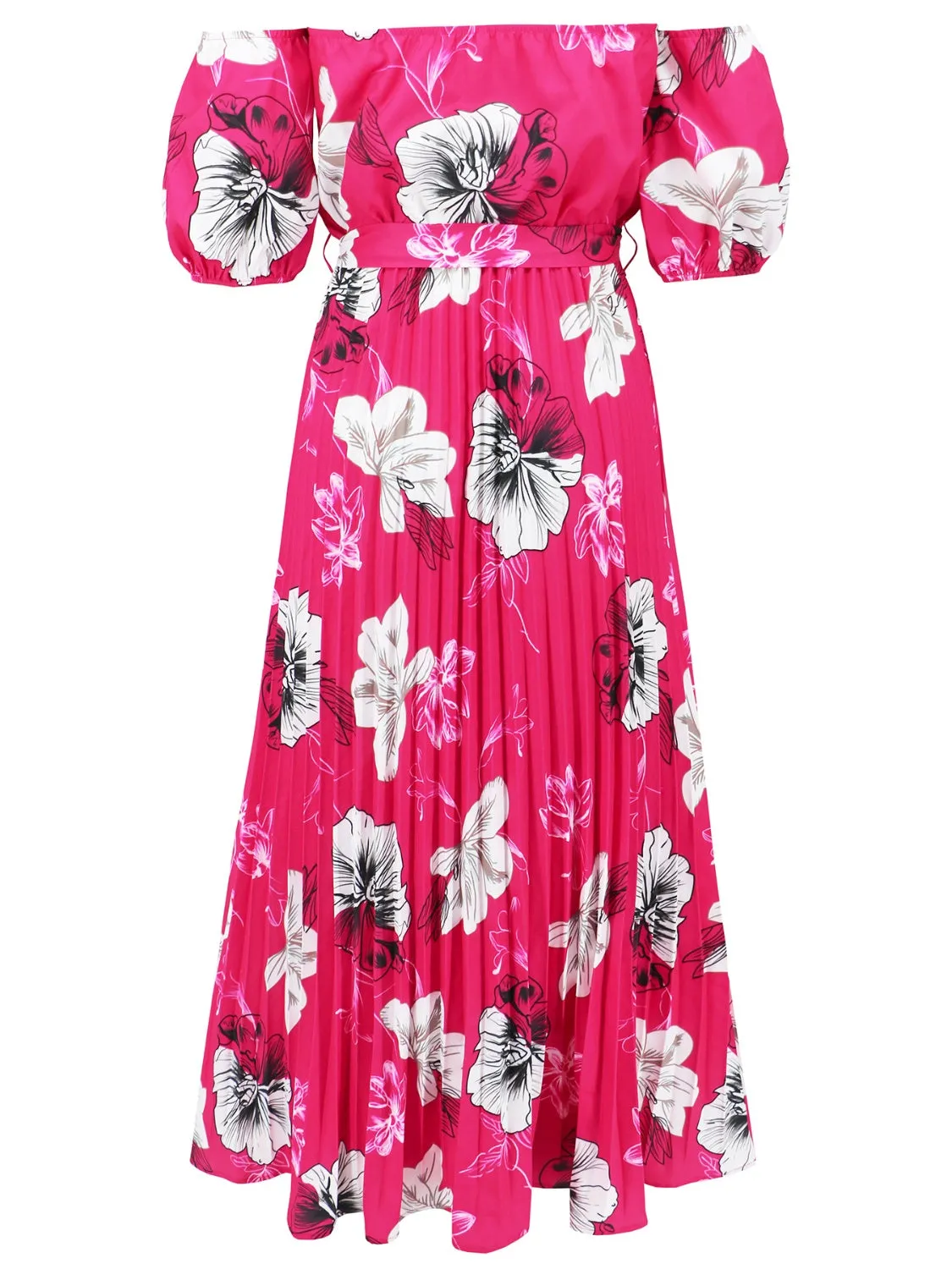 Sunset Vacation Pleated Floral Off-Shoulder Short Sleeve Midi Dress