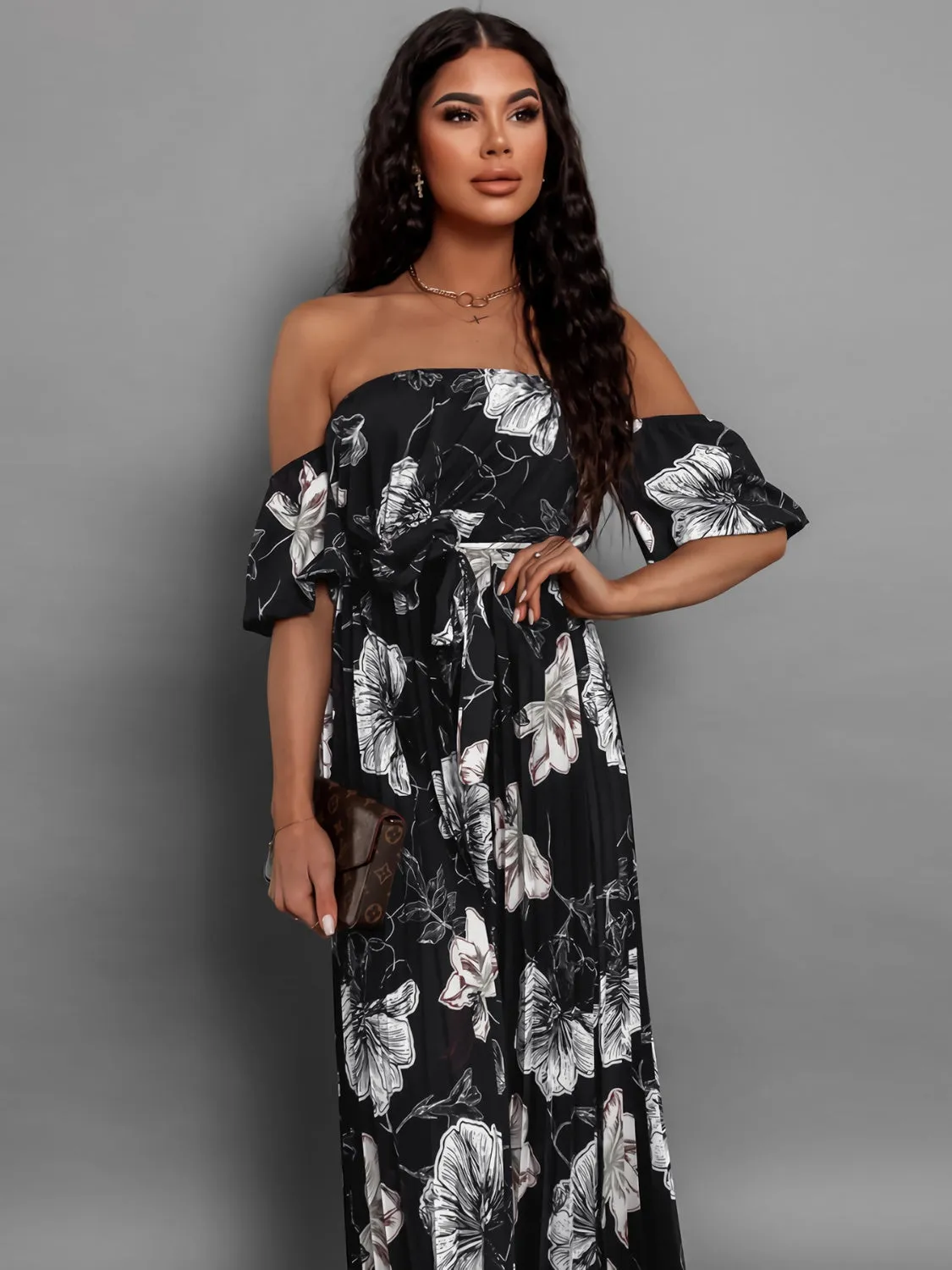 Sunset Vacation Pleated Floral Off-Shoulder Short Sleeve Midi Dress