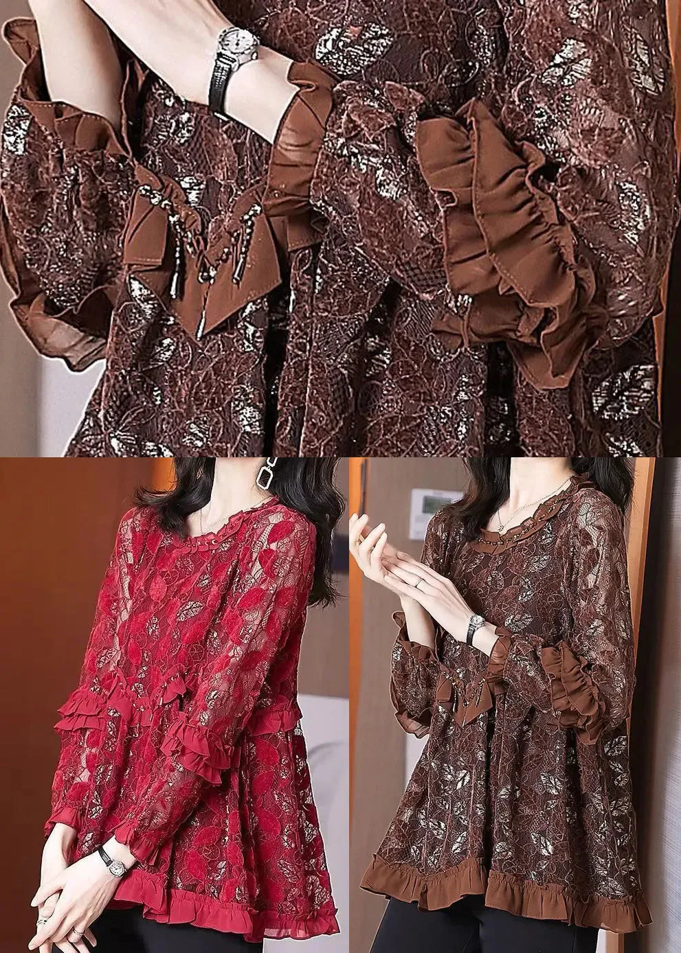 Women Mulberry Ruffled Patchwork Lace Blouse Tops Spring HA1025