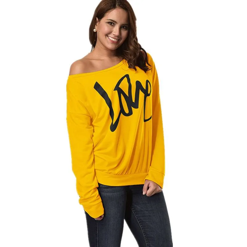 Women's Letter Love Print Sexy Off Shoulder Long Sleeve Tops