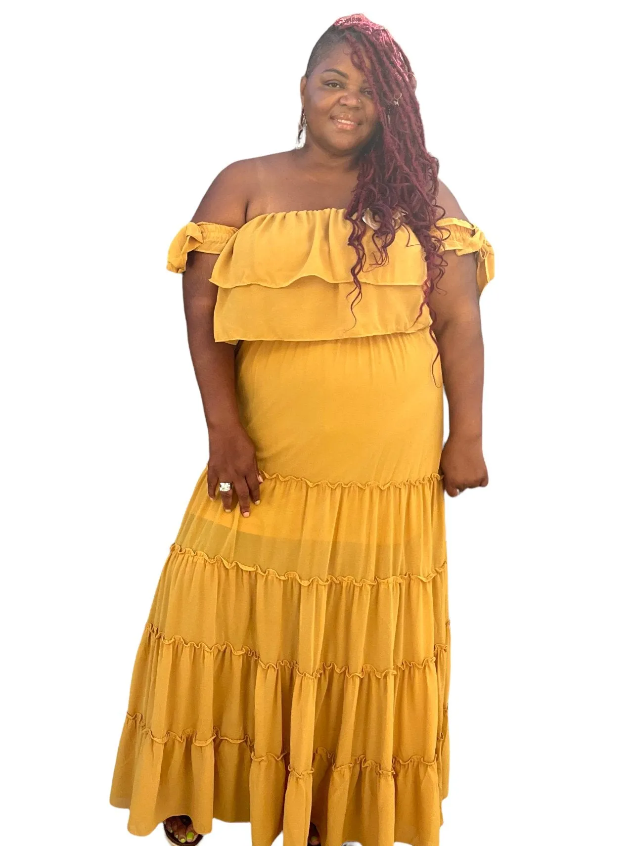 Women's Plus Size Honey Mustard Tired Maxi Dress